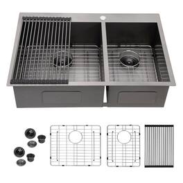 Lordear - 33"x22"x9" Gunmetal Black Double Bowl Drop in Kitchen Sink 16 Gauge with Two 10" Deep Basin - Stainless Steel