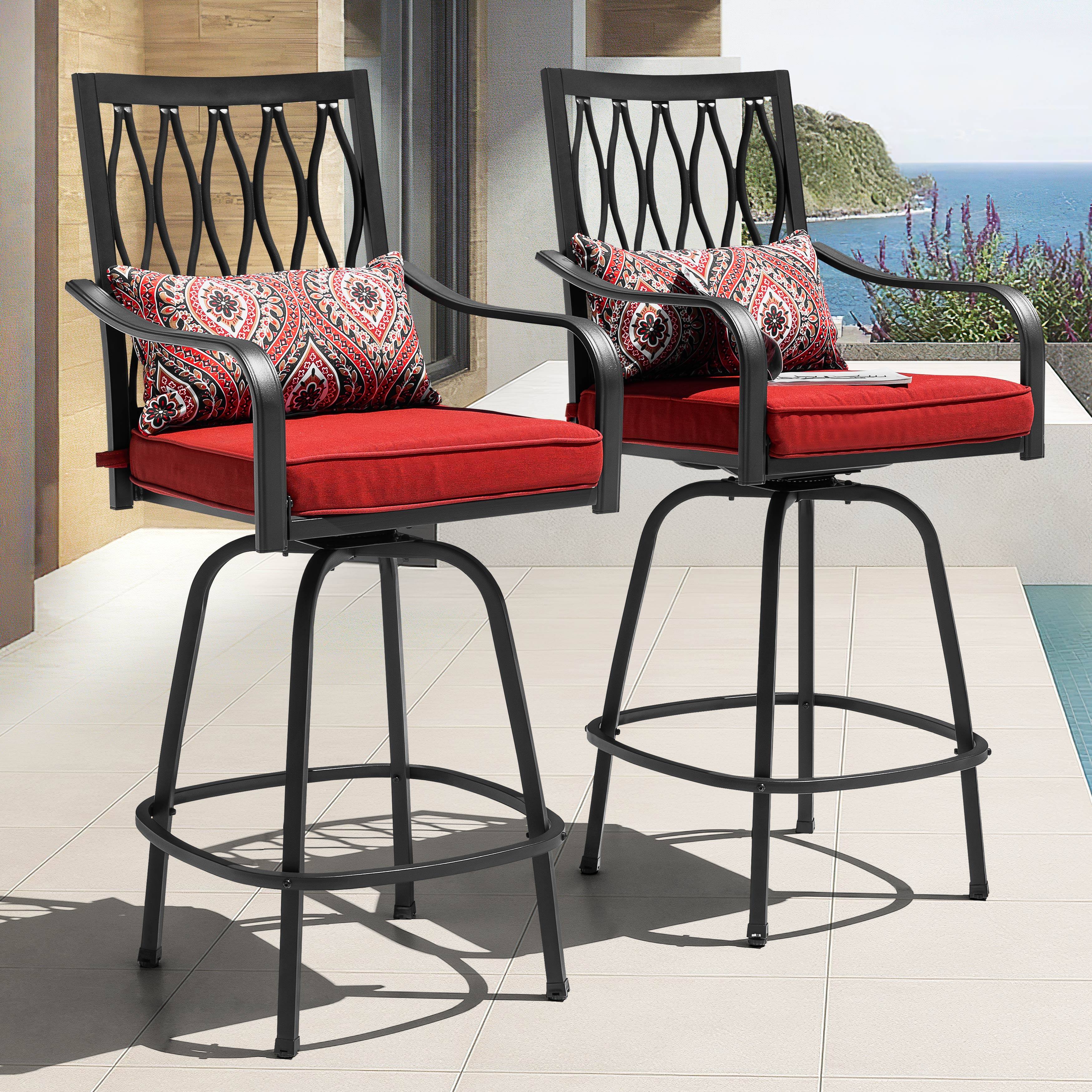 Left. Nuu Garden - 2-Piece Outdoor Patio Metal Swivel Bar Stools with Padded Cushions and Extra Pillows, Square-to-Round Footrest - Black and Red.
