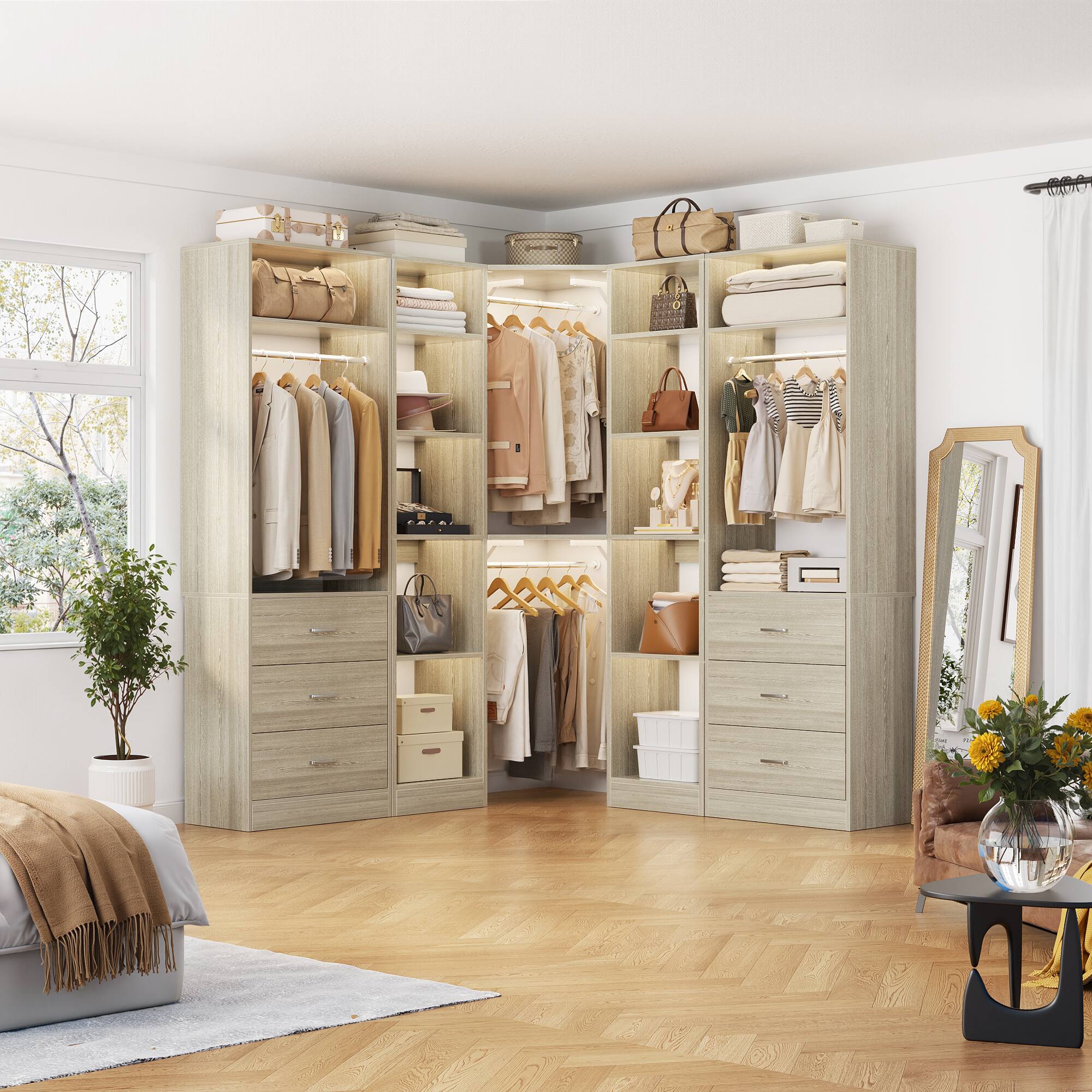 Angle. Aheaplus - Reversible L Shaped Corner Walk-in Closet System - 6 Drawers, 20+ Shelves, 4 Hanging Rods, 2500+LBS Load,63.2"L-87.2"L. - White Oak.