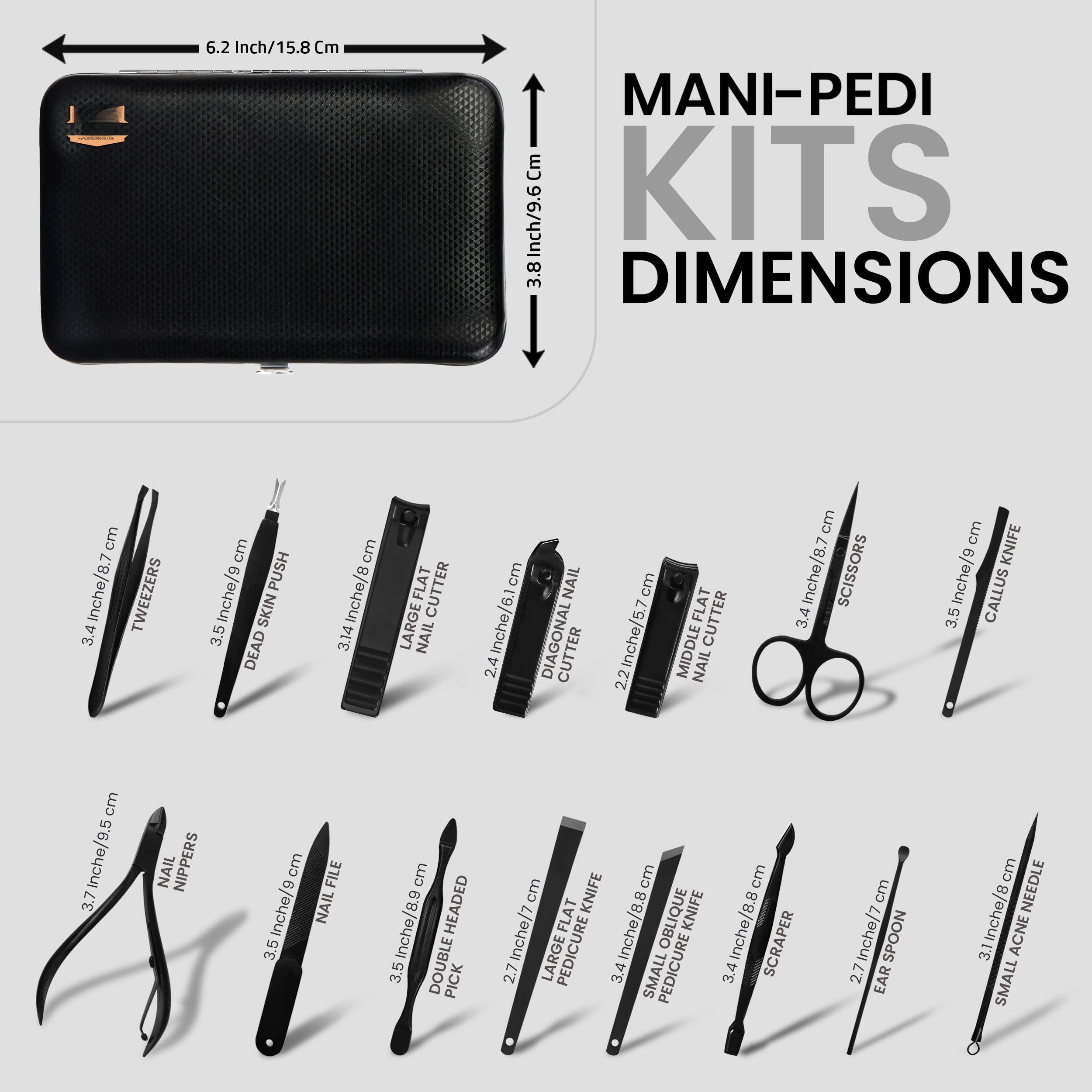 Sure, here is the corrected and grouped text:

---

**MANI-PEDI KITS DIMENSIONS**

- **6.2 Inch/15.8 Cm**
- **3.8 Inch/9.6 Cm**

**Tools and Dimensions:**

- **TWEezers:** 3.4 Inch/8.7 Cm
- **DEAD SKIN PUSH:** 3.5 Inch/8.9 Cm
- **LARGE NAIL CUTTER:** 3.14 Inch/8 Cm
- **DIAGONAL CUTTER:** 2.4 Inch/6.1 Cm
- **MIDDLE FLAT CUTTER:** 2.2 Inch/5.7 Cm
- **SCISSORS:** 3.4 Inch/8.7 Cm
- **CALLUS KNIFE:** 3.5 Inch/8.9 Cm
- **NAIL NIPPERS:** 3.7 Inch/9.5 Cm
- **NAIL FILE:** 3.5 Inch/8.9 Cm
- **DOUBLE-HEADED PICK:** 3.5 Inch/8.9 Cm
- **FLAT KNIFE:**