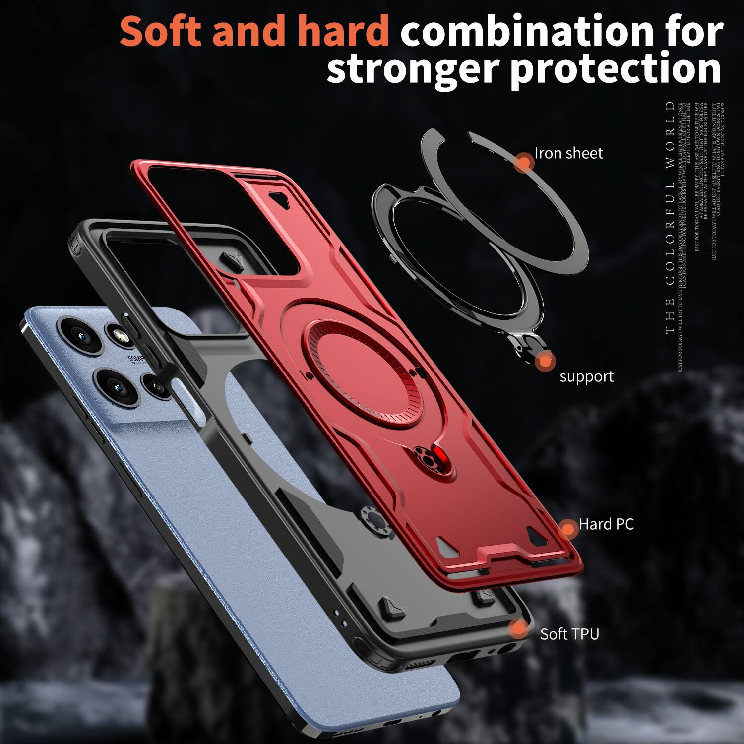 Soft and hard combination for stronger protection

Iron sheet

Hard PC

Soft TPU

support