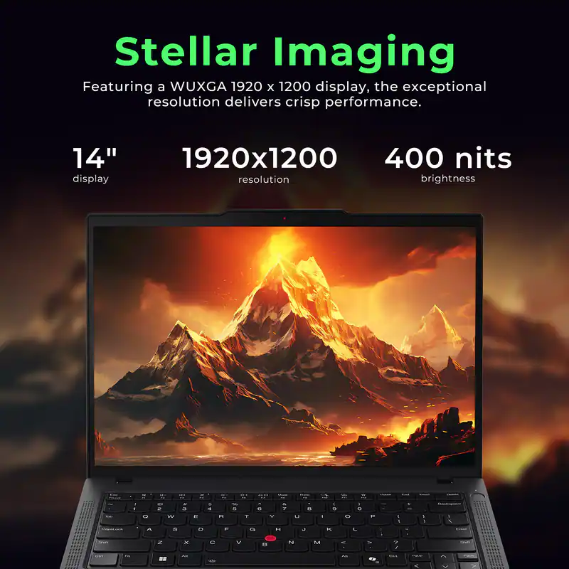 Stellar Imaging

Featuring a WUXGA 1920 x 1200 display, the exceptional resolution delivers crisp performance.

14" display
1920x1200 resolution
400 nits brightness