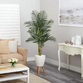 BreeBe - 70" Golden Cane Palm Tree in White Planter with Stand - Green