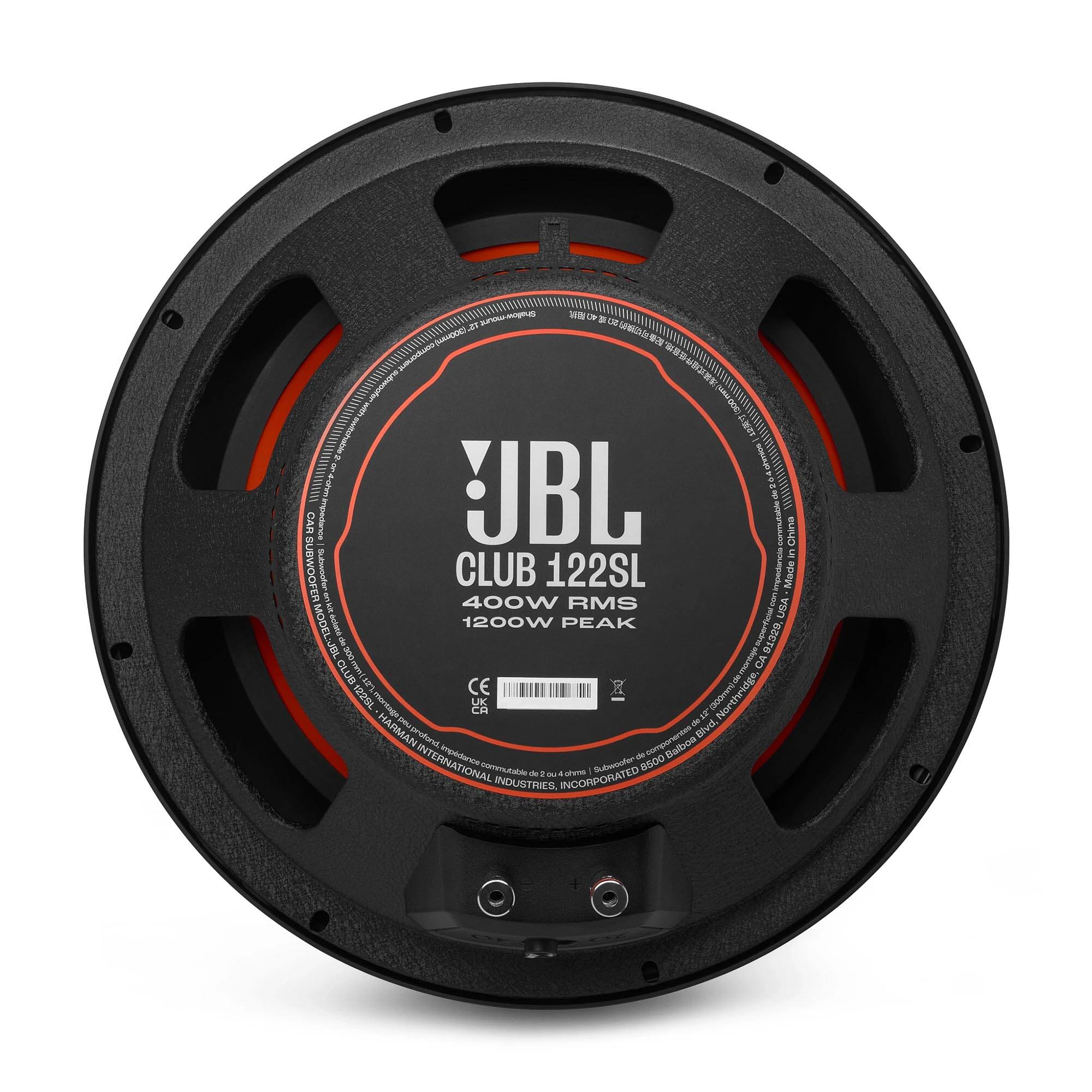 JBL CLUB 122SL  
400W RMS  
1200W PEAK  

Impedance: 2 Ω  

Made in China  

HARMAN INTERNATIONAL INDUSTRIES, INCORPORATED  
Narthridge - HARMAN SOE Blvd  
Utah, USA  

CE 0129