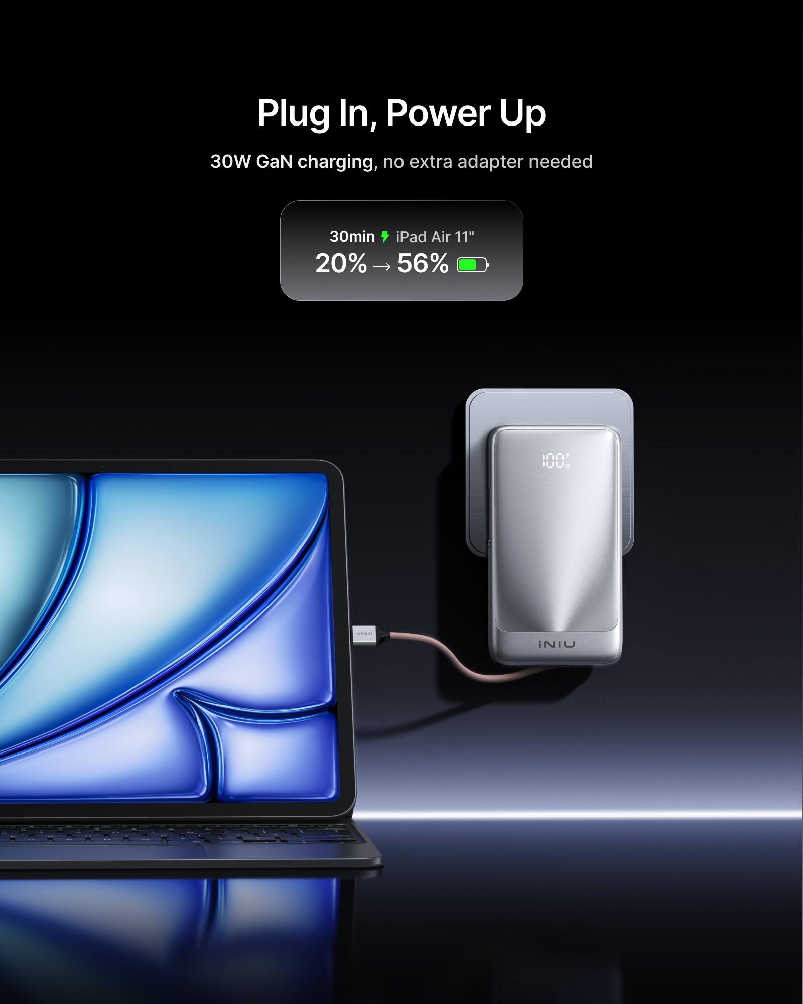 Plug In, Power Up  
30W GaN charging, no extra adapter needed  
30min iPad Air 11" 20% → 56%  
i'LLUX  
MILES  
NIU