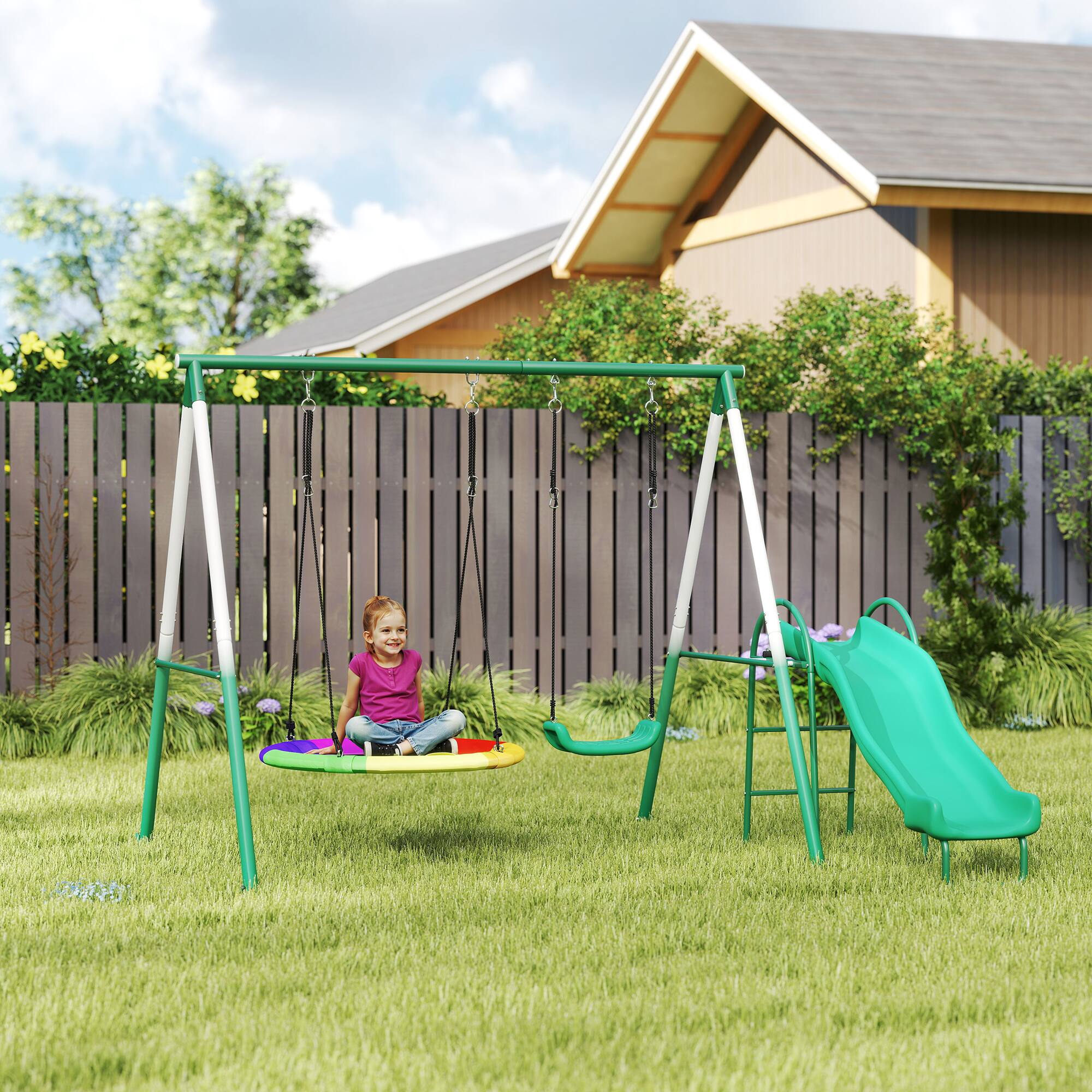 Qaba Swing Set with Slide, Saucer Swing Seat, Heavy Duty A Frame