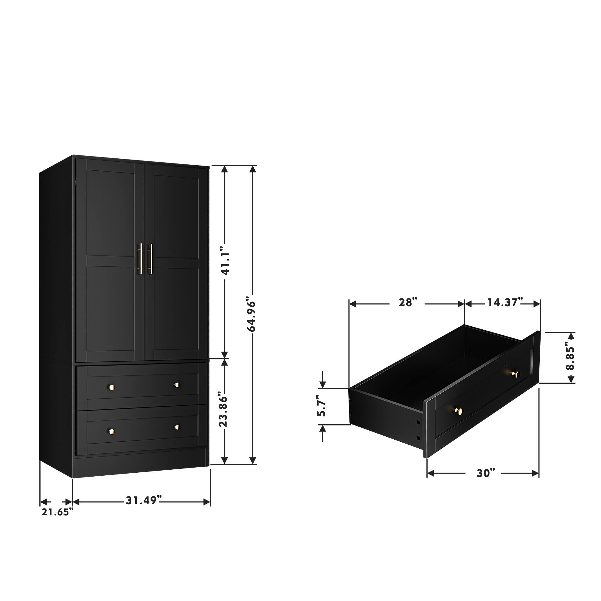 41.1" H  
23.86" W  
64.96" D  
21.65"  
31.49"  
5.7"  
28"  
14.37"  
30"  
8.85"