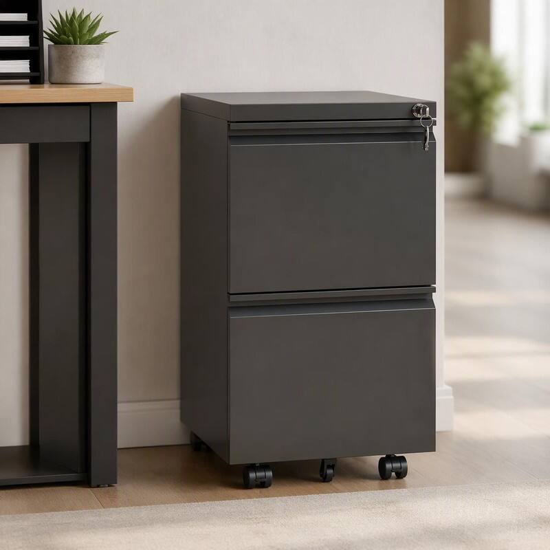 Front. RYHNUYNE - 2 Drawer Metal  Mobile File Cabinet Rolling File Cabinet with Lock for   Home Office.