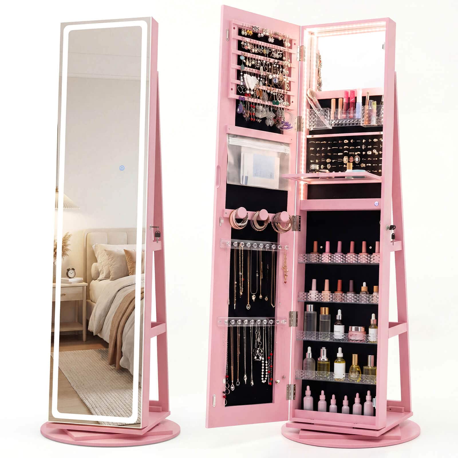 Costway - 360° Swivel Jewelry Cabinet with LED Lights, Full-Length Mirror & Makeup Mirror - Pink
