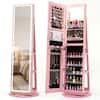 Front. Costway - Costway 360° Swivel Jewelry Cabinet with LED Lights, Full-Length Mirror & Makeup Mirror - Pink.