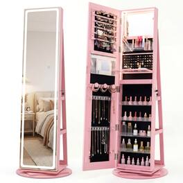 Costway - 360° Swivel Jewelry Cabinet with LED Lights, Full-Length Mirror & Makeup Mirror - Pink
