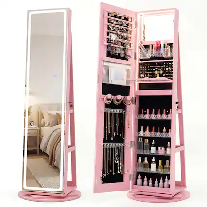 Front. Costway - Costway 360° Swivel Jewelry Cabinet with LED Lights, Full-Length Mirror & Makeup Mirror - Pink.