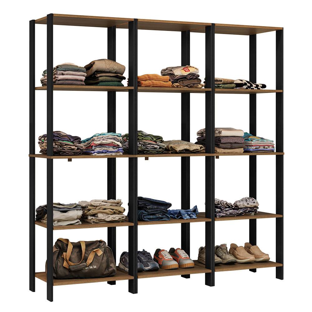Angle. Madesa - Madesa Wardrobe Clothes Storage Rack with 15 Open Shelves 70"L - Black/Brown - Rustic/Black.