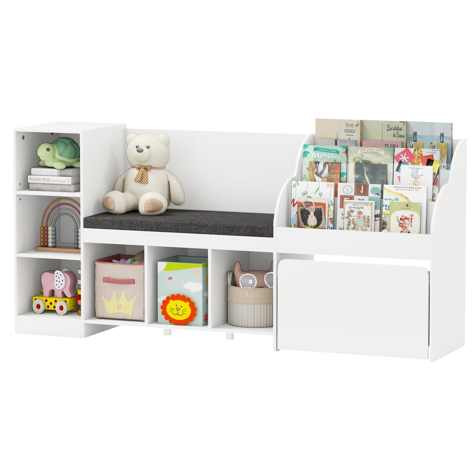 Gymax - Wooden Kids Bookshelf w/Reading Nook Padded Seat Open Cubes Adjustable Shelf - White