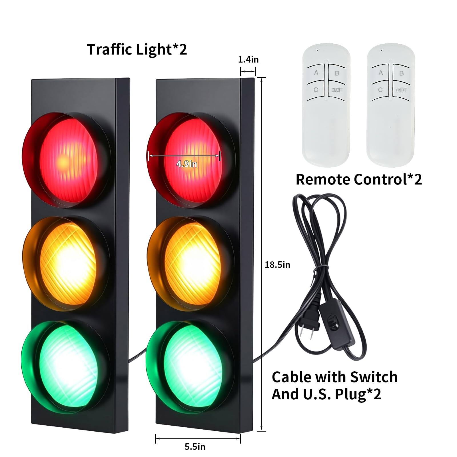 Traffic Light*2  
1.4in  
4.9in  
5.5in  

Remote Control*2  

Cable with Switch And U.S. Plug*2  
18.5in
