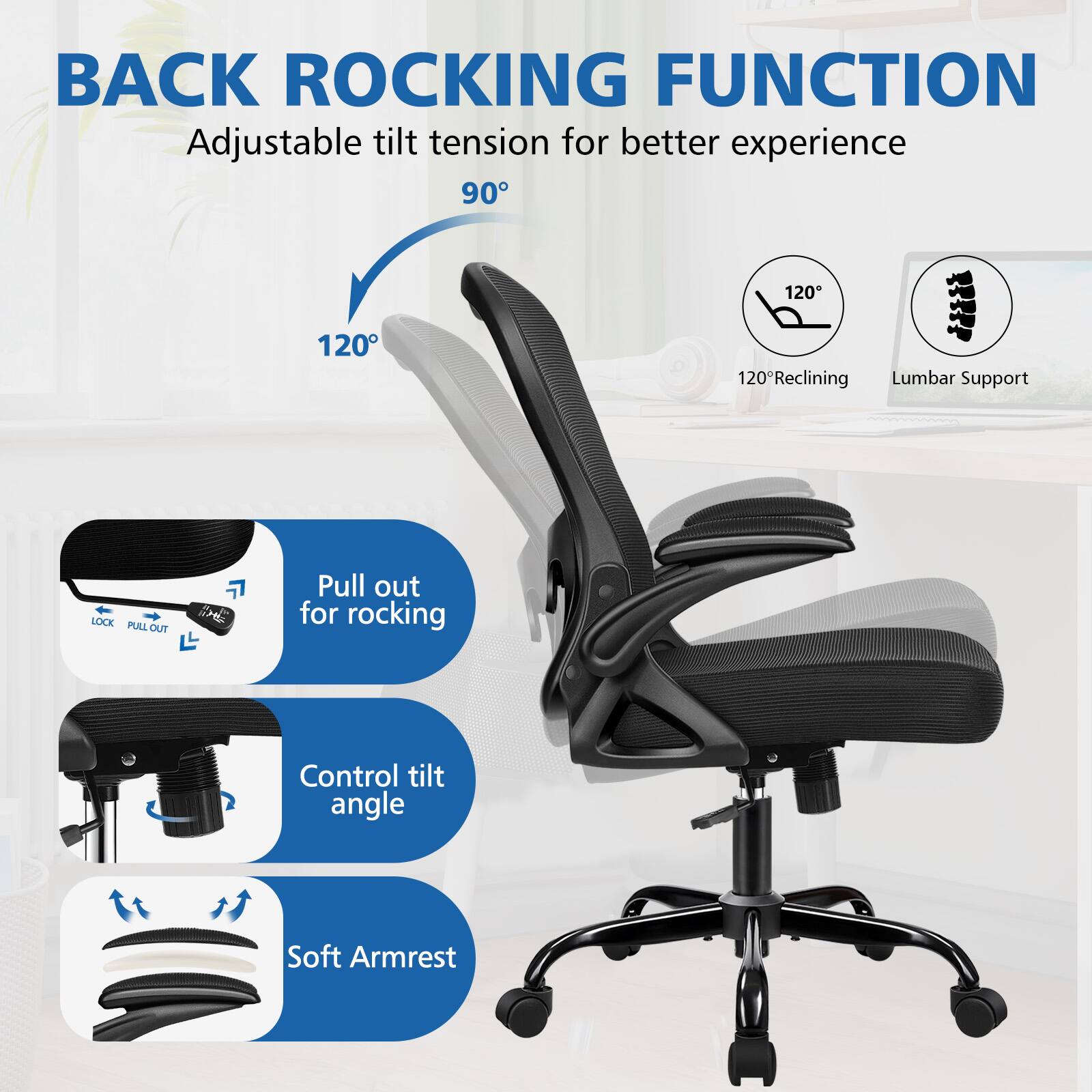 BACK ROCKING FUNCTION  
Adjustable tilt tension for better experience  
90° 120° 120° 120°  
Reclining Lumbar Support  
LOCK PULL PULLOUT  
Pull out for rocking  
Control tilt angle  
Soft Armrest