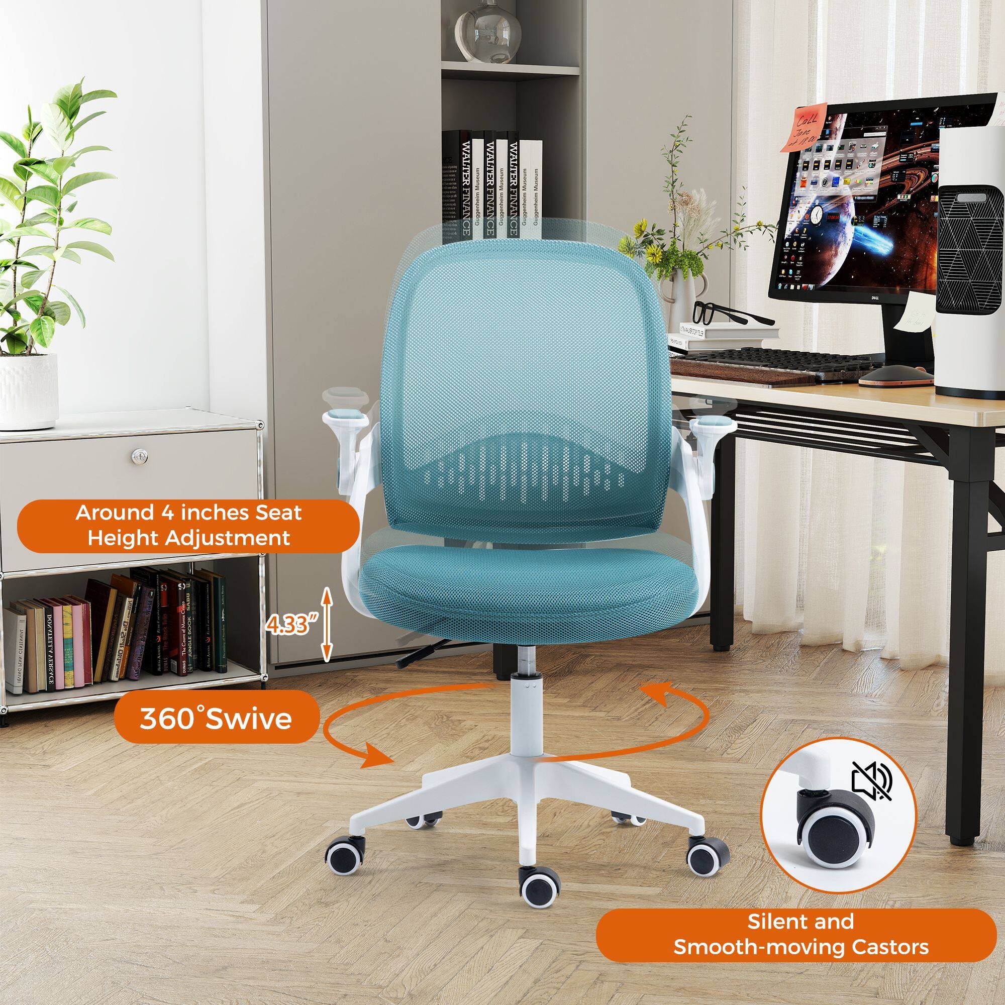 WALTER IND | g SALIVM INANC A | MLIIA ONVN

- Around 4 inches Seat Height Adjustment
- 4.33"
- 360° Swivel
- Silent and Smooth-moving Castors