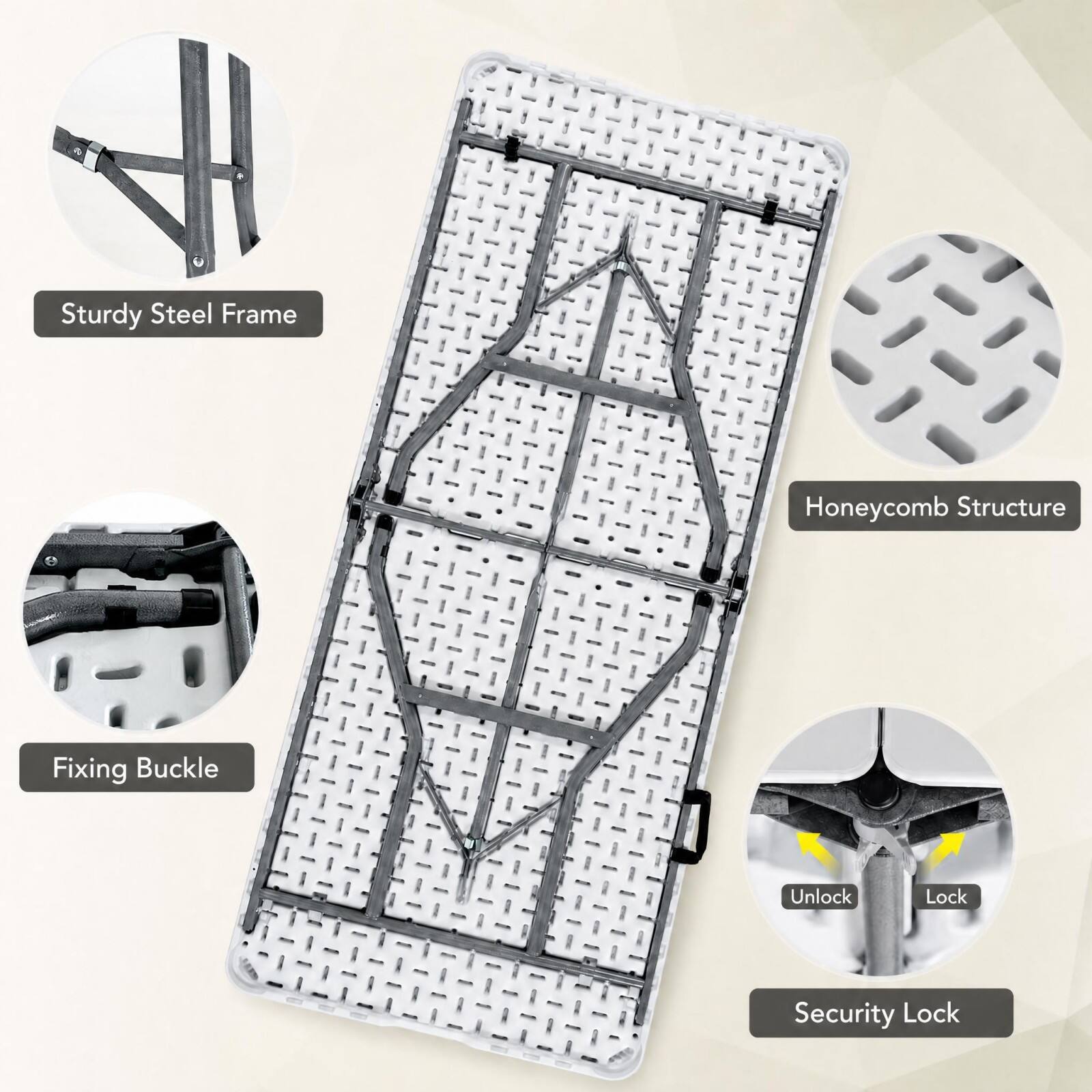 Sturdy Steel Frame  
Honeycomb Structure  
Fixing Buckle  
Unlock  
Lock  
Security Lock