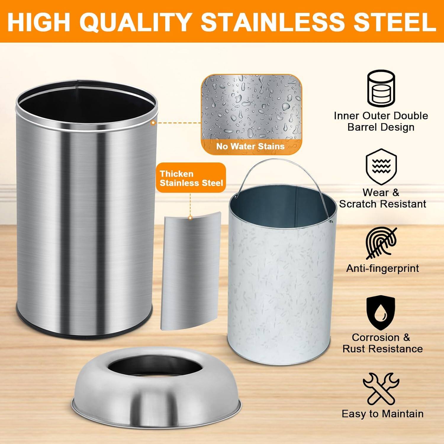 HIGH QUALITY STAINLESS STEEL

- Inner Outer Double Barrel Design
- No Water Stains
- Thickened Stainless Steel
- Wear & Scratch Resistant
- Anti-fingerprint
- Corrosion & Rust Resistance
- Easy to Maintain