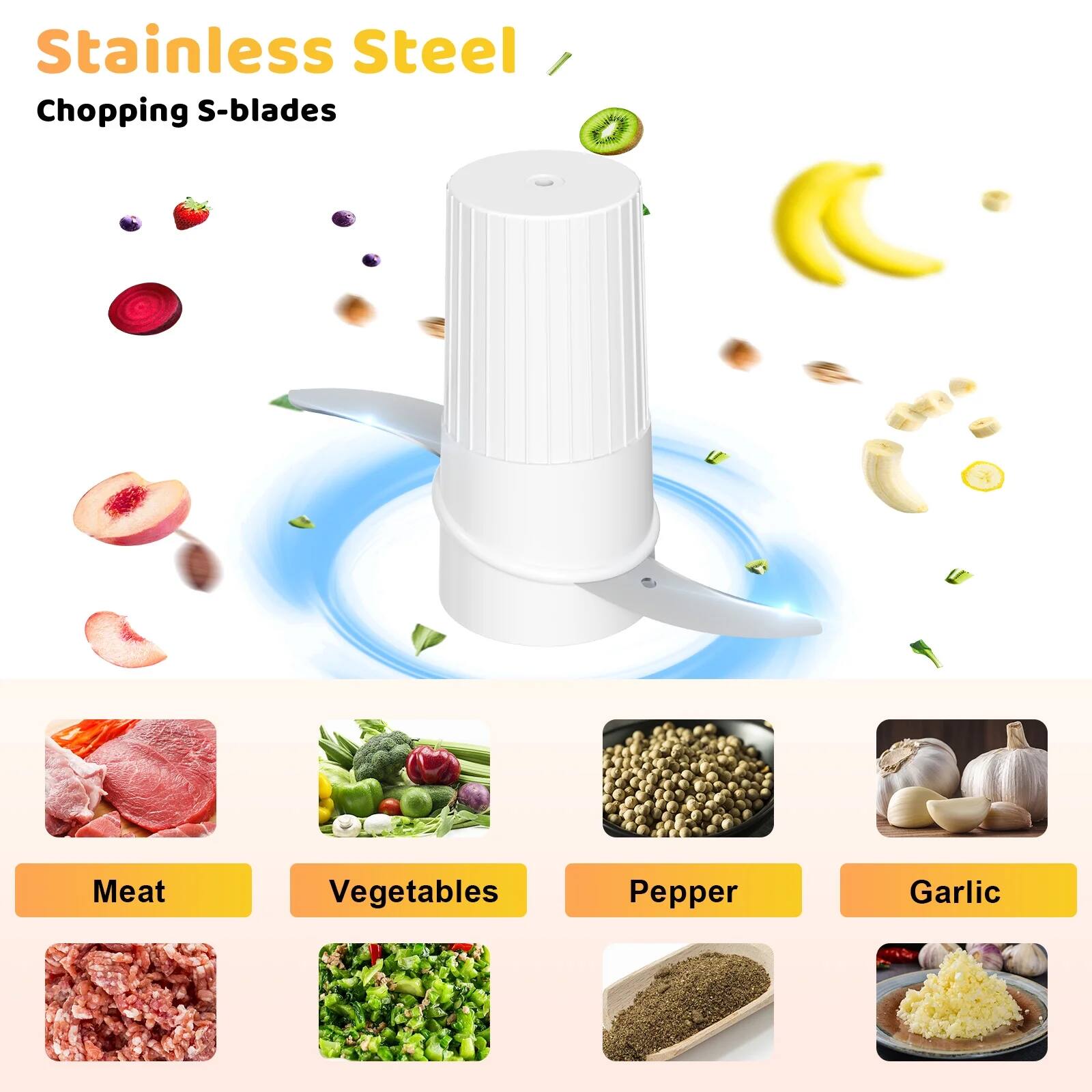 Stainless Steel  
Chopping S-blades

Meat  
Vegetables  
Pepper  
Garlic