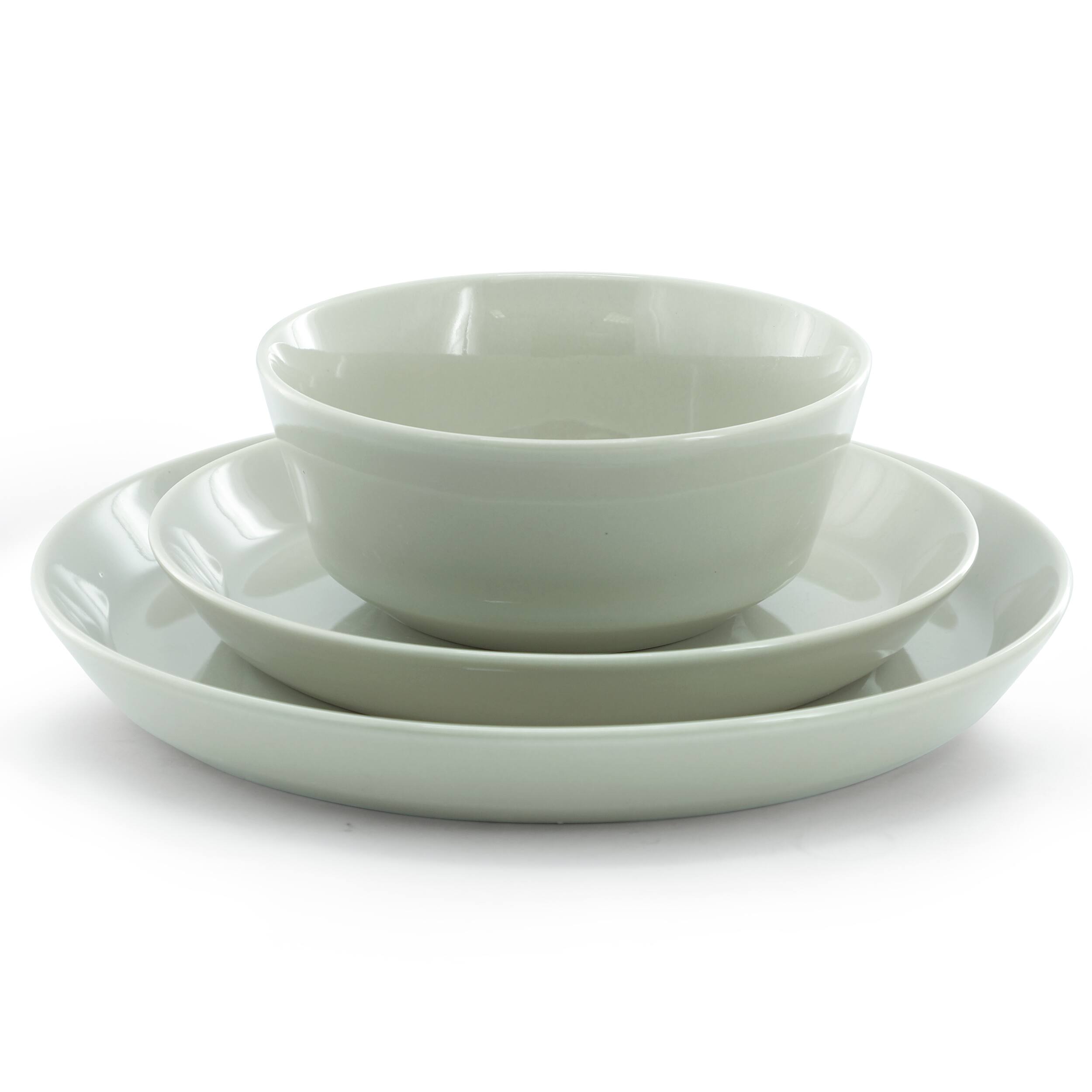 Angle. Gibson - Gibson Elite Sunlit Mist 12 Piece Round Stoneware Dinnerware Set in Green - Green.
