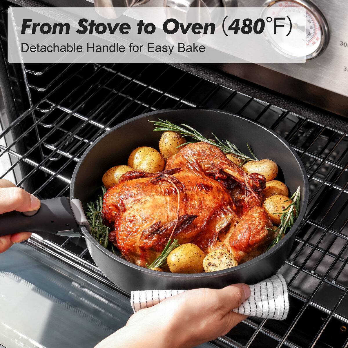 From Stove to Oven (480°F)  
Detachable Handle for Easy Bake