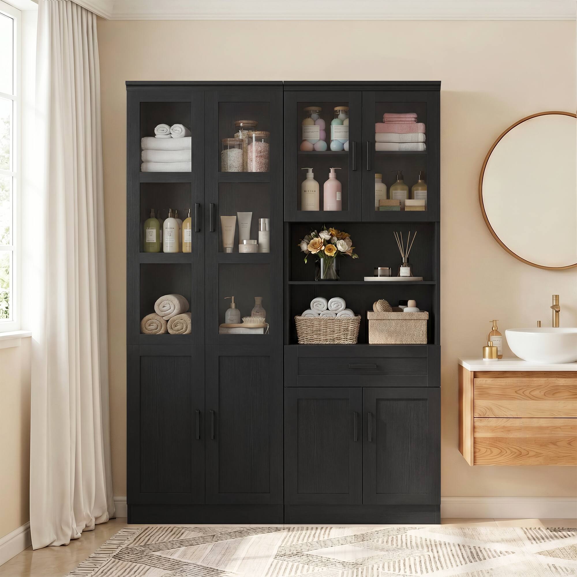 Alt View 1. Aheaplus - 47.2'' Width Pantry Cabinet, 80'' Tall Food Cupboard with Drawer, Adjustable Shelves, and Glass Doors, 2 Packs - Black.