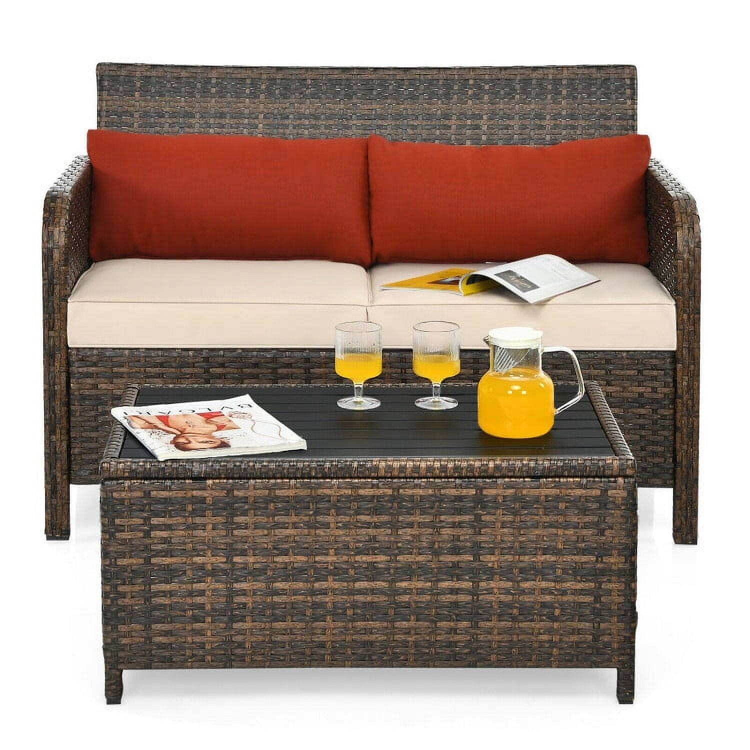 Back. Kadyn - 2 Pieces Cushioned Patio Rattan Furniture Set with Coffee Table and Washable Cushion for Yard Porch-Red - Red.