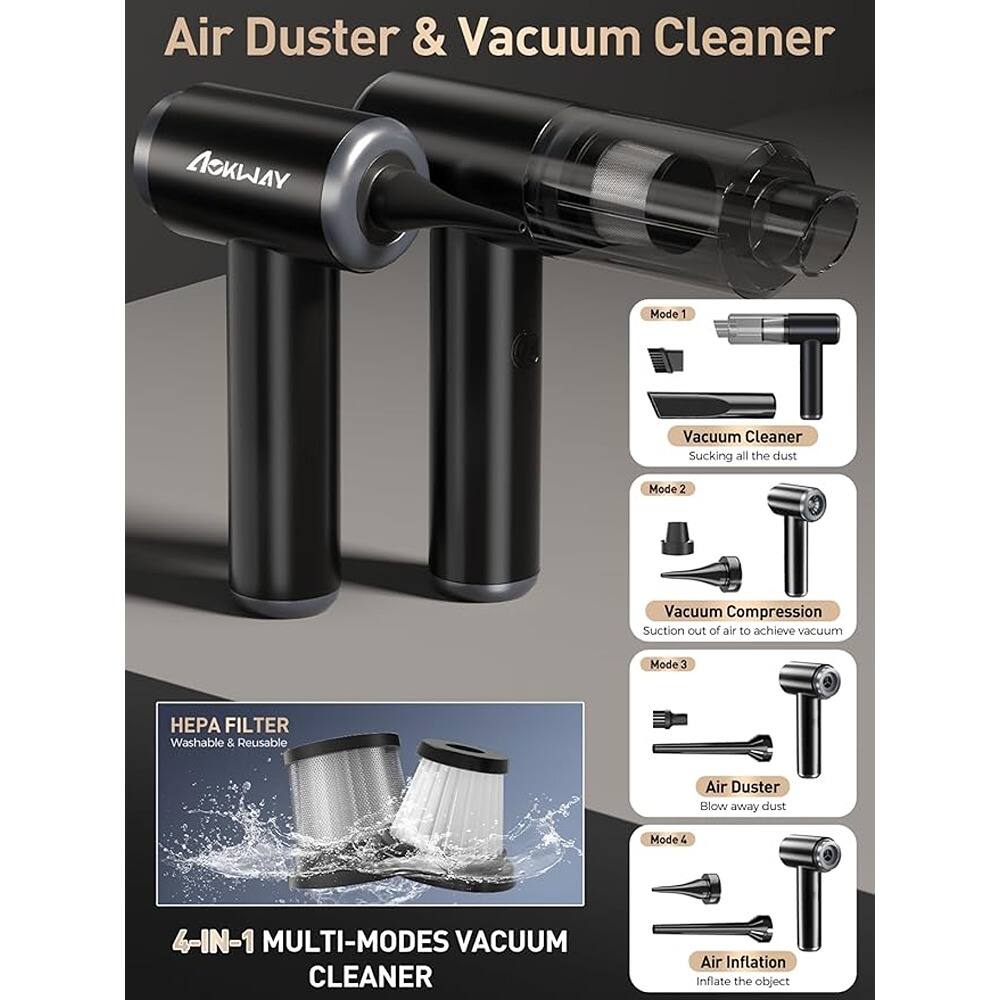 Air Duster & Vacuum Cleaner
Mode 1: Vacuum Cleaner
Sucking all the dust
Mode 2: Vacuum Compression
Suction out of air to achieve vacuum
Mode 3: Air Duster
Blow away dust
Mode 4: Air Inflation
Inflate the object
HEPA FILTER
Washable & Reusable
4-IN-1 MULTI-MODES VACUUM CLEANER