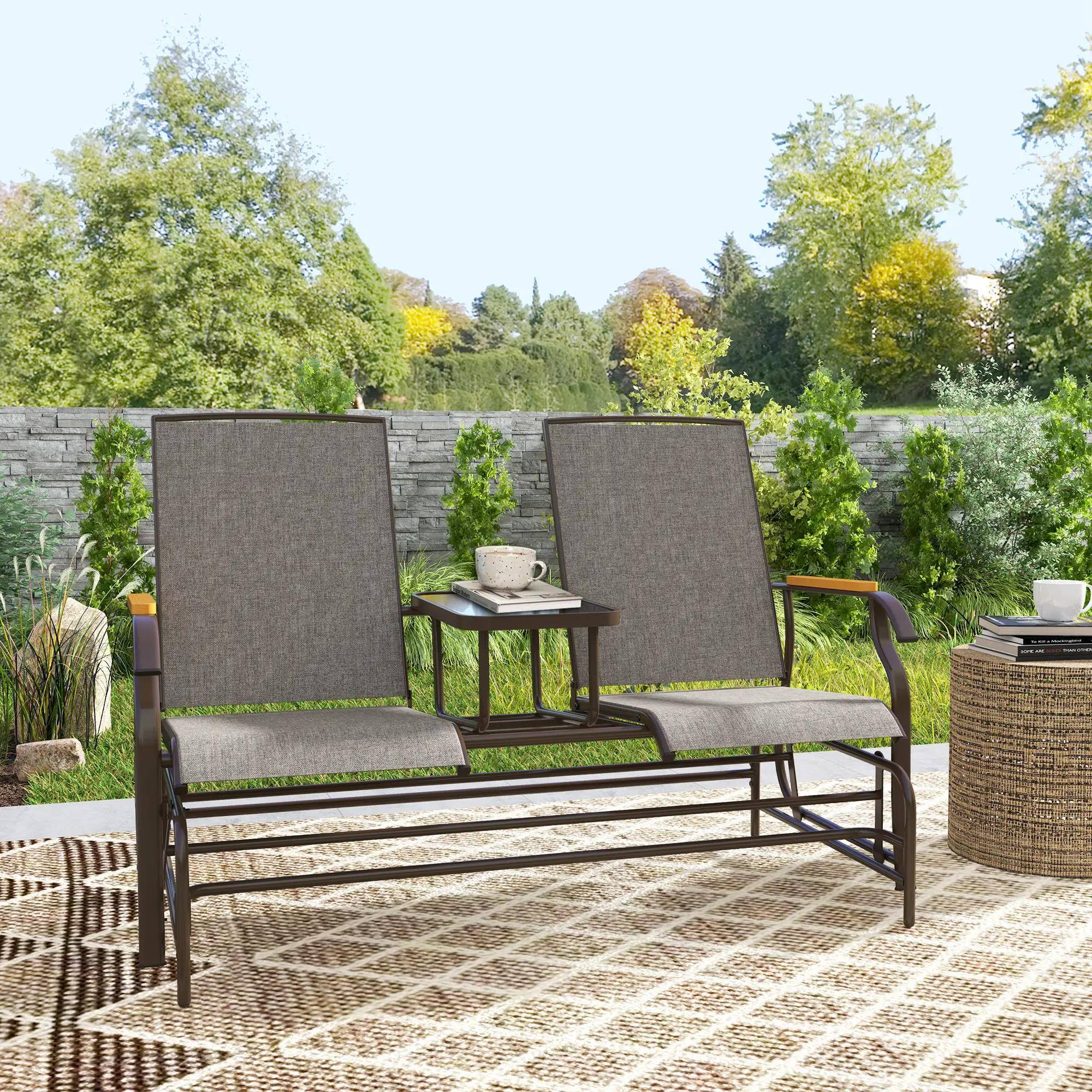 Left. Resenkos - Resenkos 2-Person Glider Bench, Steel Frame Swing Loveseat with Table, Outdoor Relaxation, Light Mixed Brown - Light Mixed Brown.