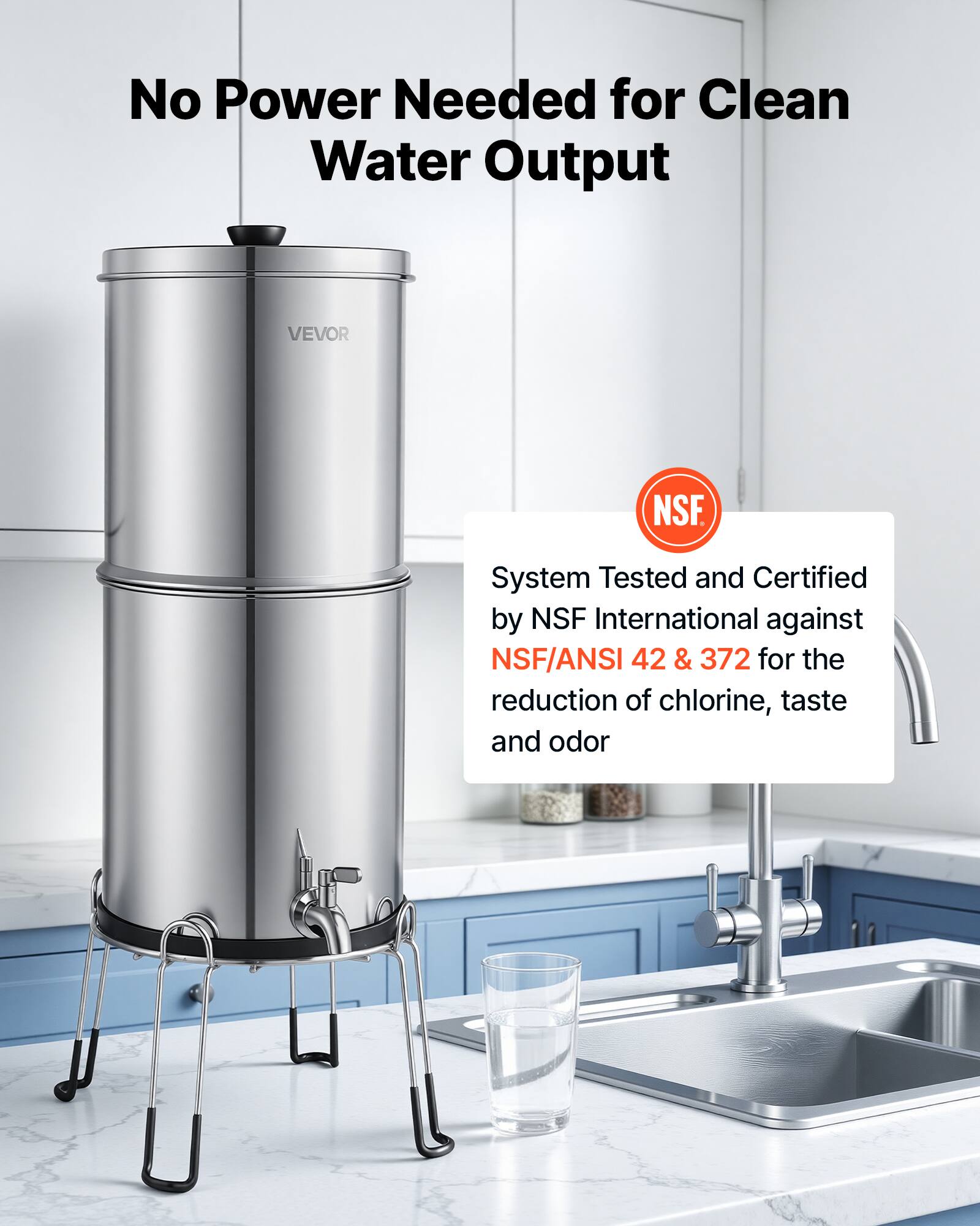 No Power Needed for Clean Water Output

VEVOR

System Tested and Certified by NSF International against NSF/ANSI 42 & 372 for the reduction of chlorine, taste and odor