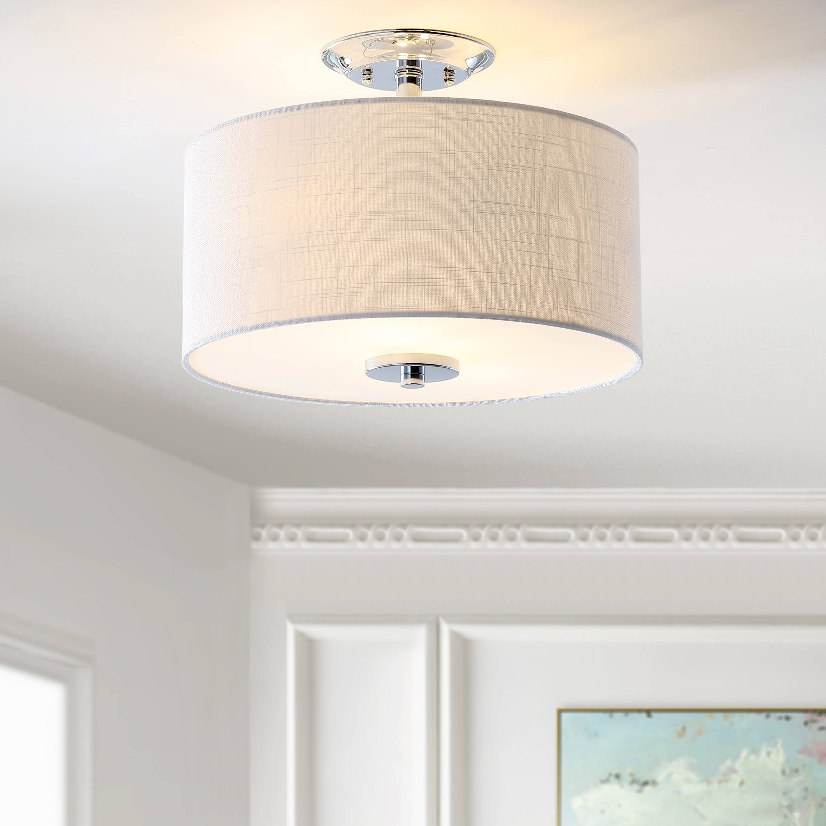 Alt View 1. Jonathan Y - Marc 15" Metal/Linen LED Semi-Flush Mount, Chrome/White - Chrome.