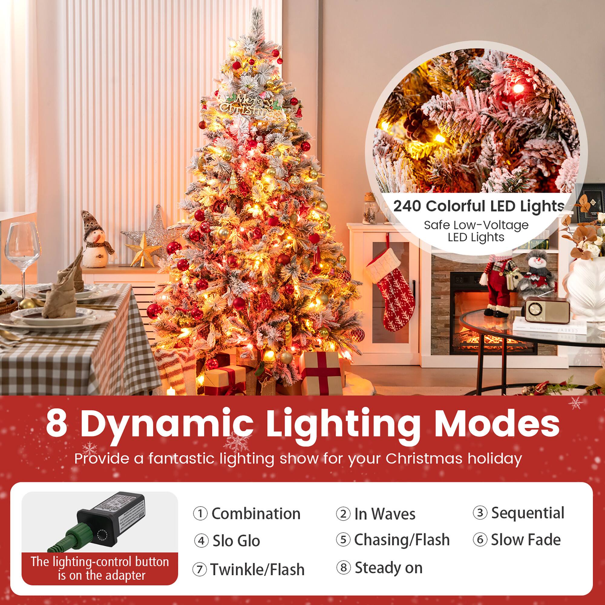 Mete Cursie 240 Colorful LED Lights  
Safe Low-Voltage LED Lights  

8 Dynamic Lighting Modes  
Provide a fantastic lighting show for your Christmas holiday  

The lighting-control button is on the adapter  

1. Combination  
2. In Waves  
3. Sequential  
4. Slo Glo  
5. Chasing/Flash  
6. Slow Fade  
7. Twinkle/Flash  
8. Steady on