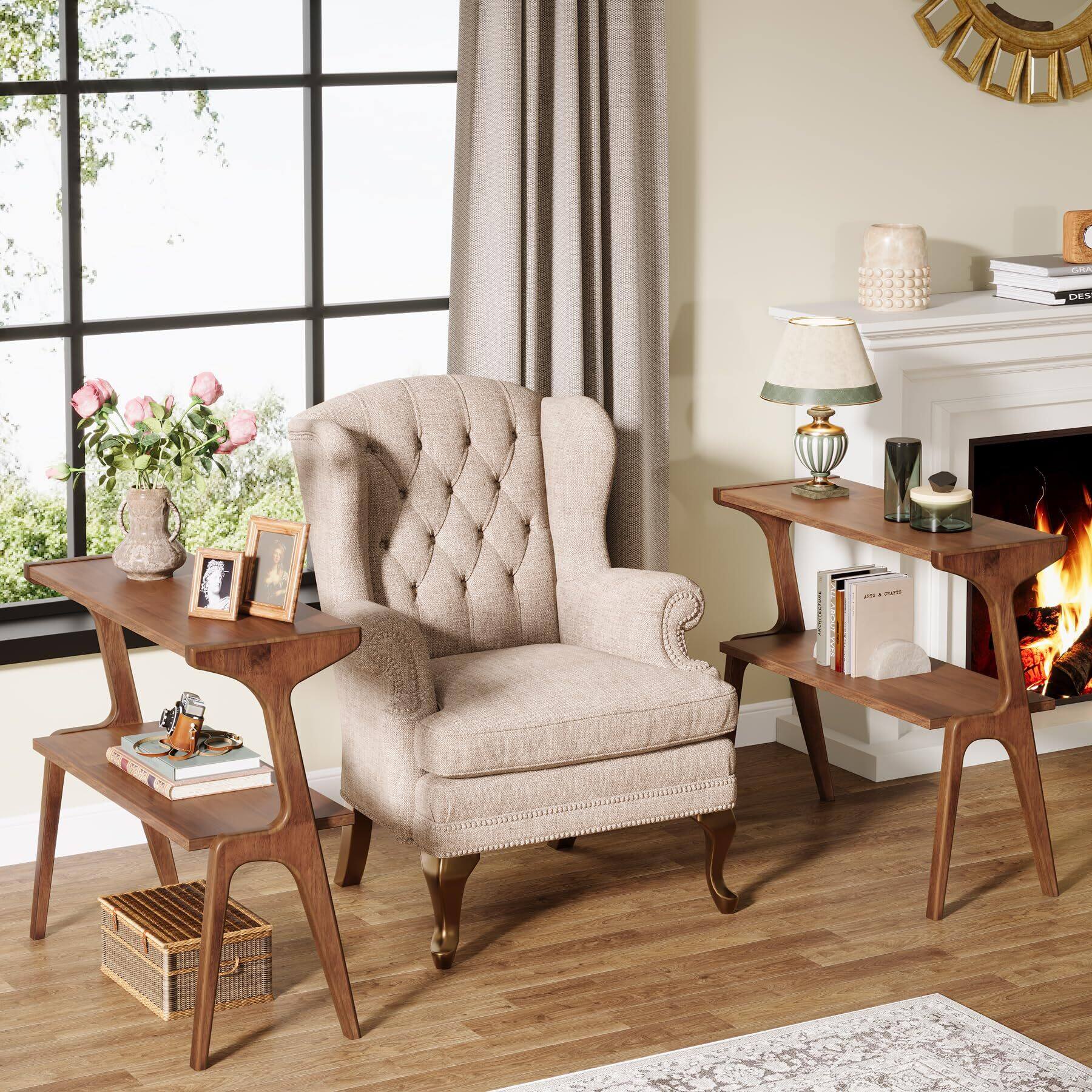 Angle. APRILSOUL - Solid Wood Side Table 2-Tier Farmhouse Couch Side Table Rustic with Storage Shelf for Living Room - Walnut.