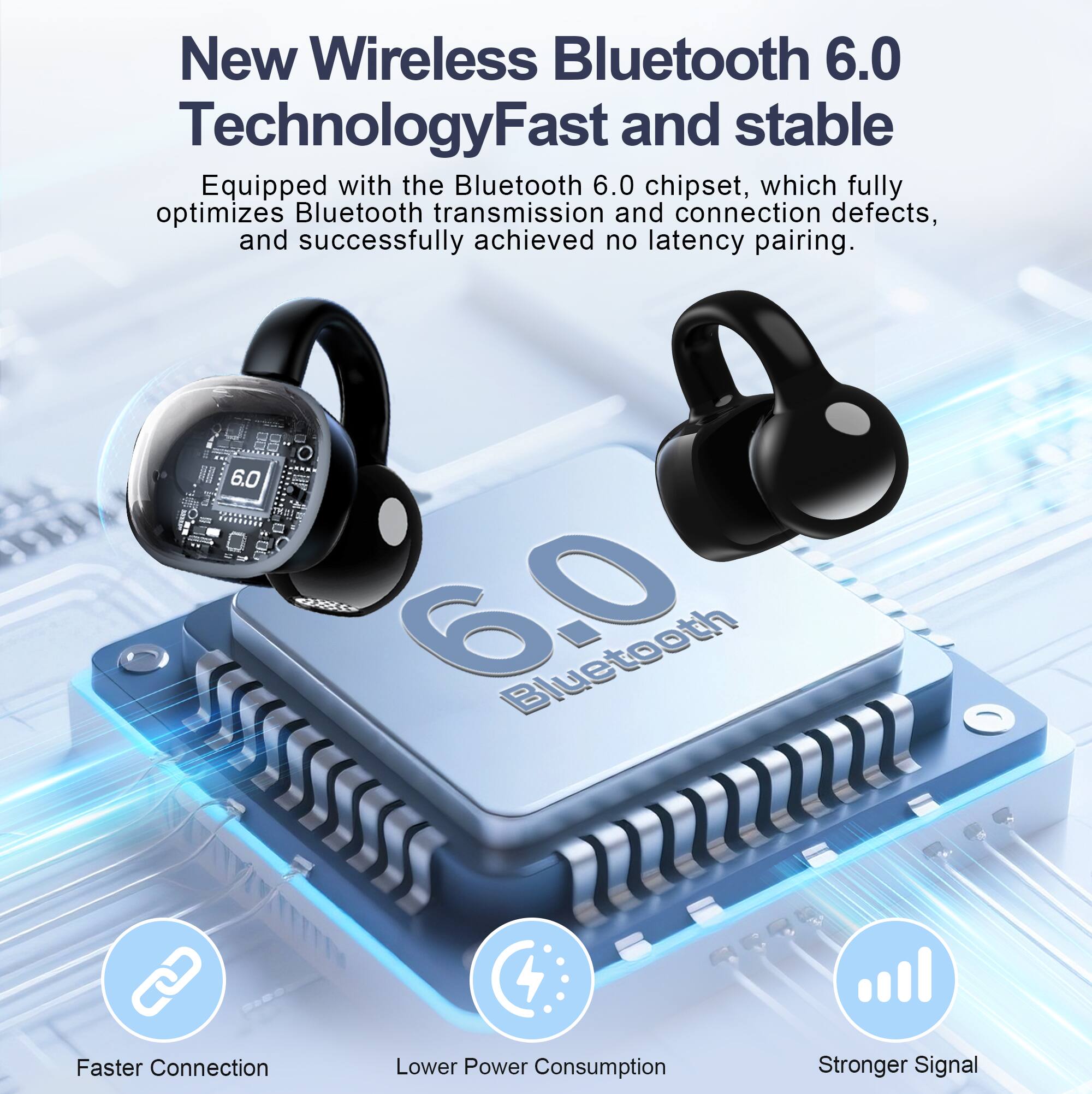 New Wireless Bluetooth 6.0 Technology  
Fast and stable  

Equipped with the Bluetooth 6.0 chipset, which fully optimizes Bluetooth transmission and connection defects, and successfully achieved no latency pairing.  

- Faster Connection  
- Lower Power Consumption  
- Stronger Signal