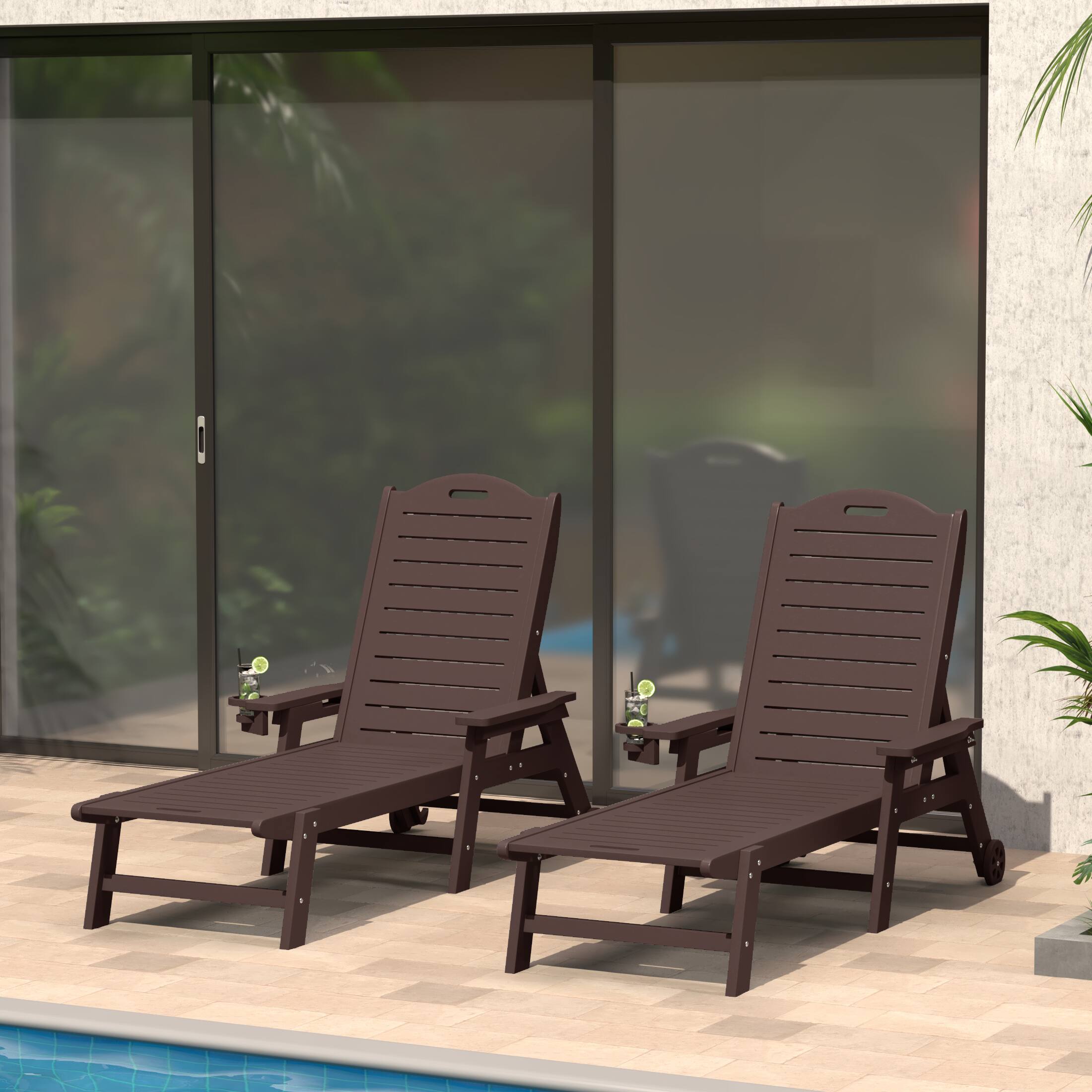 Angle. WestinTrends - WestinTrends Aruba Outdoor HDPE Patio Chaise Lounges With Wheels & Cup Holder (Set of 2) - Dark Brown.