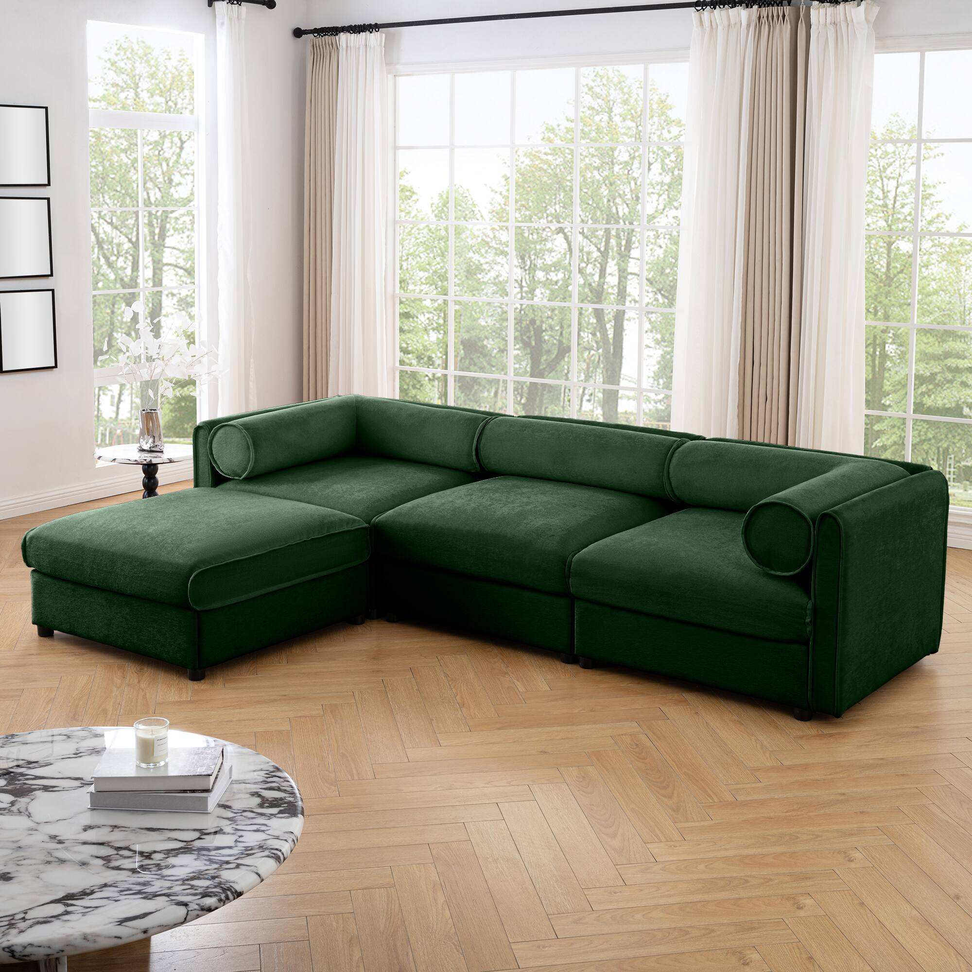 Front. Anysun - Chenille L-Shape 3-Seater Sofa with Ottoman & Hidden Storage - Cylindrical Backrest & Armrests, Contemporary. - Green.