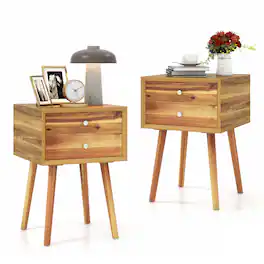 Costway - Wooden Nightstand Mid-Century End Side Table Bedroom W/2 Storage Drawers - Natural
