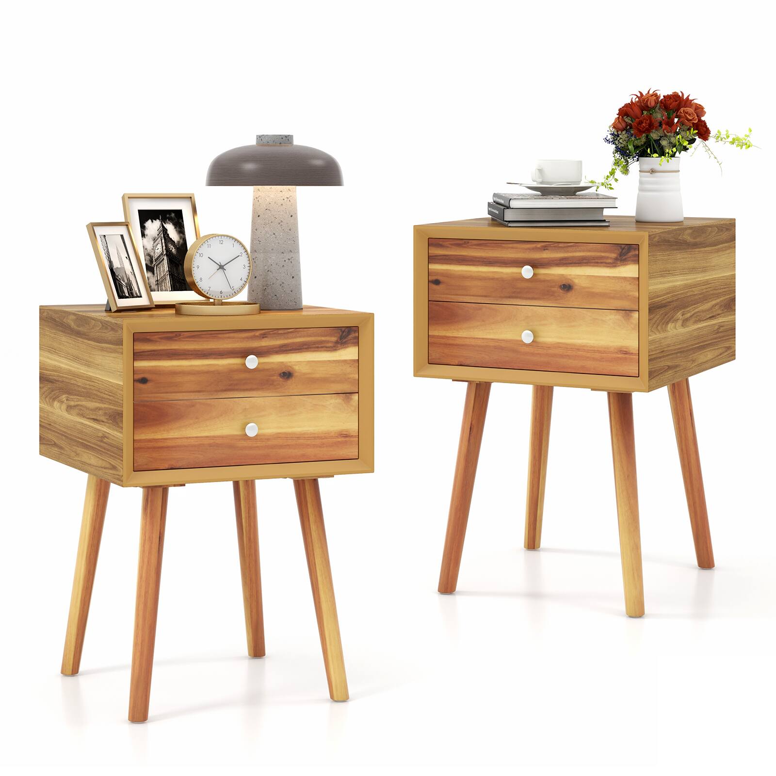 Costway - Wooden Nightstand Mid-Century End Side Table Bedroom W/2 Storage Drawers - Natural