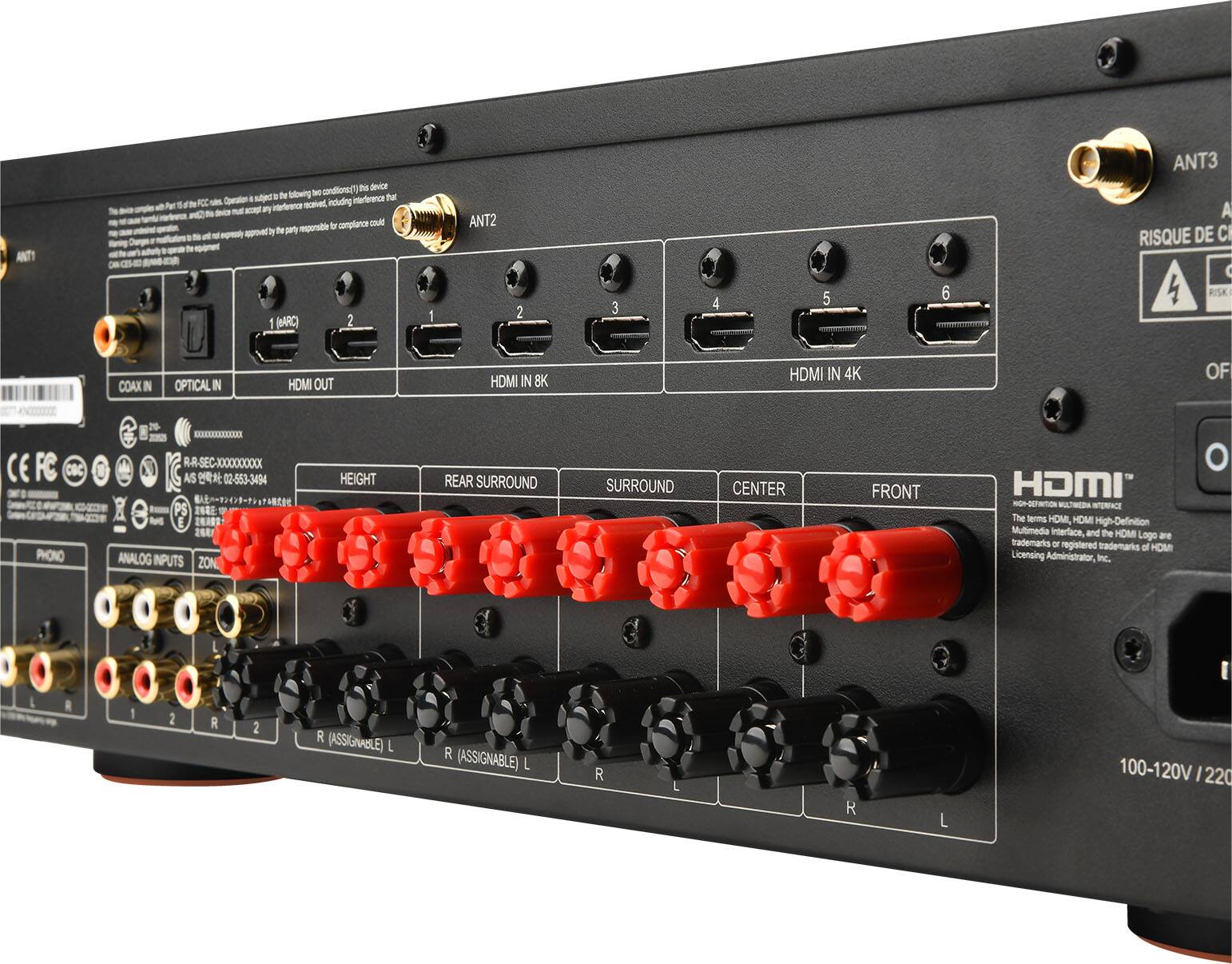 The image shows a black electronic device with a variety of ports and connections. The device has a total of 10 ports, including 4 HDMI ports, 2 analog inputs, and 2 surround sound connections. The ports are labeled with numbers and letters, indicating their specific functions. The device is designed for high-definition multimedia and features the HOMI logo, which is a registered trademark of the HOMI Licensing Administrator. The image also includes a warning that the device is not to be used as a substitute for a licensed professional.