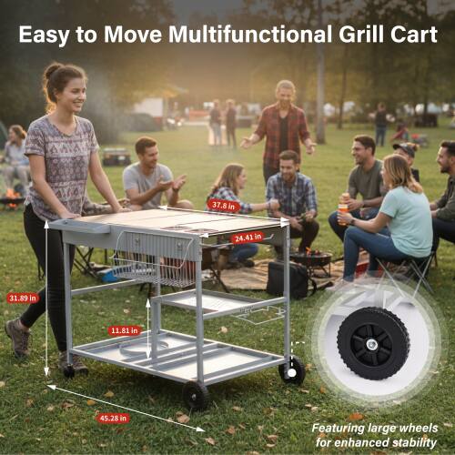 Easy to Move Multifunctional Grill Cart

37.8 in x 24.41 in x 31.89 in x 11.81 in x 45.28 in

Featuring large wheels for enhanced stability