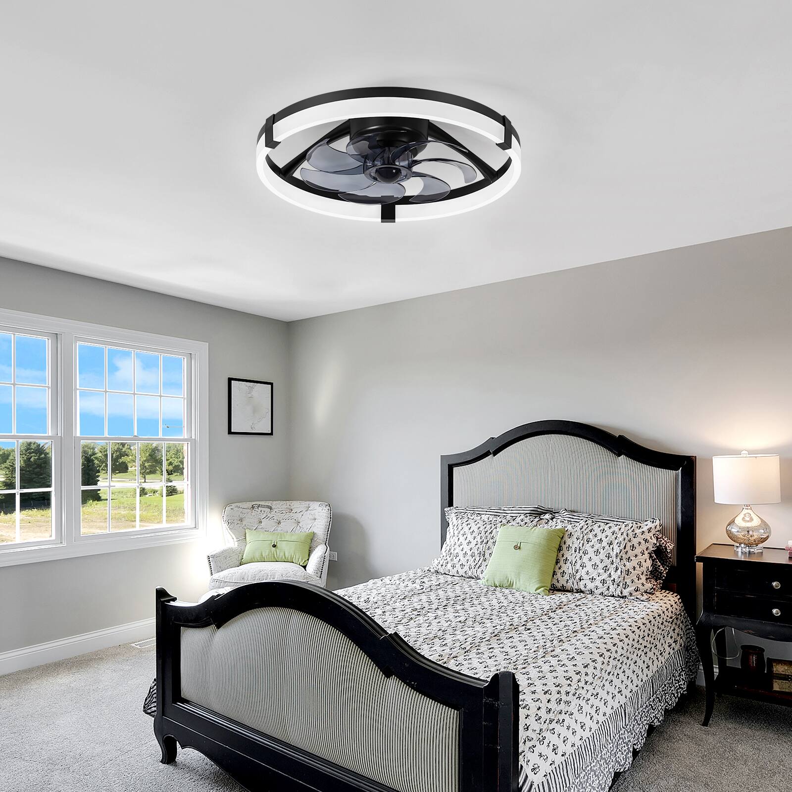Left. Breezary - 20-Inch Caged KD Ceiling Fan with LED Light, Remote Control, 6-Speed Quiet DC Motor, Flush Mount Low Profile Design - Matte Black.