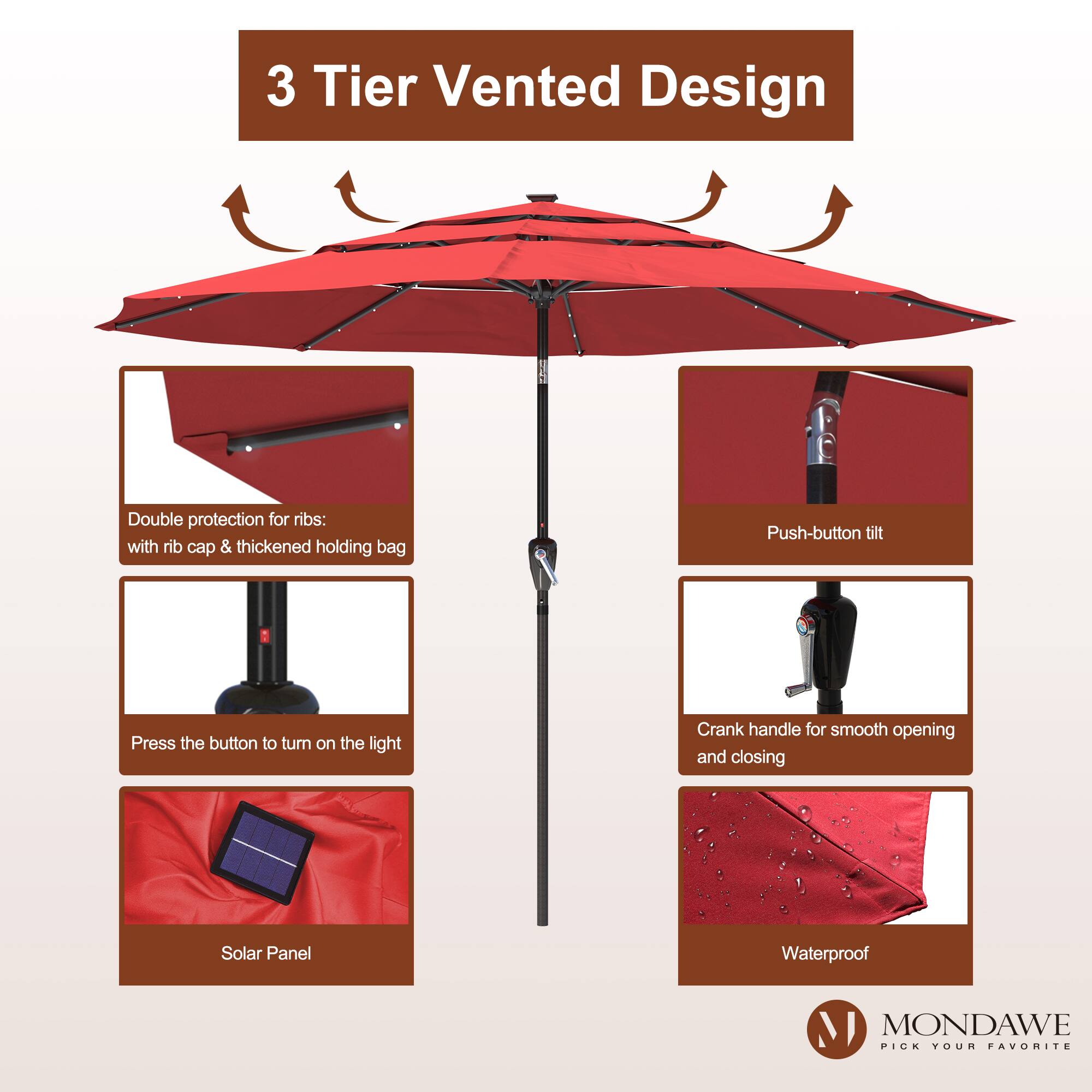 3 Tier Vented Design

Double protection for ribs: with rib cap & thickened holding bag

Push-button tilt

Press the button to turn on the light

Crank handle for smooth opening and closing

Solar Panel

Waterproof

MONDAWE PICK YOUR FAVORITE