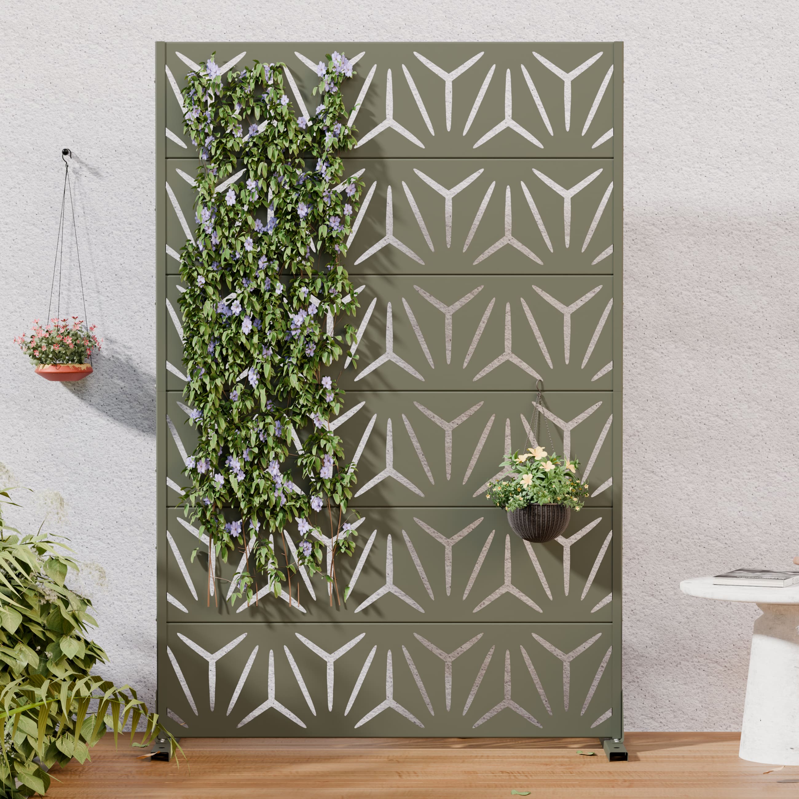 PexFix - Outdoor Privacy Screen Freestanding Metal Privacy Divider with Geometric Cutouts All-Weather Decorative Screen - Olive Gray