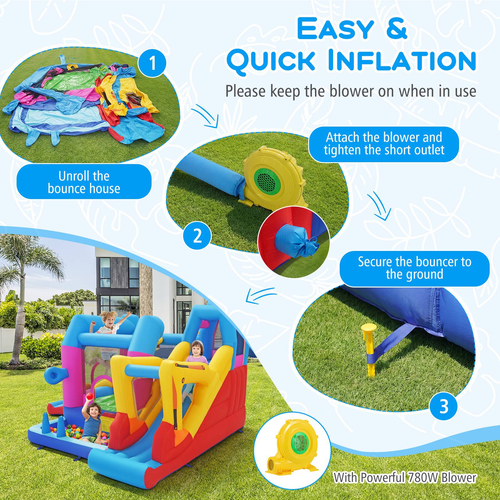 1. EASY & QUICK INFLATION  
   Please keep the blower on when in use  
   Attach the blower and tighten the short outlet  
   Unroll the bounce house  

2. Secure the bouncer to the ground  

3. With Powerful 780W Blower