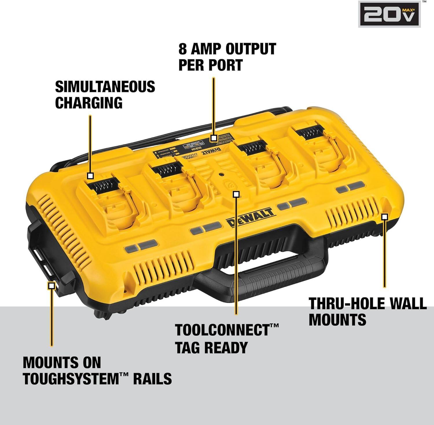 MAX 20V i 8 AMP OUTPUT PER PORT SIMULTANEOUS CHARGING  
DEWALT  
THRU-HOLE WALL MOUNTS  
TOOLCONNECT TAG READY  
MOUNTS ON TOUGHSYSTEM RAILS
