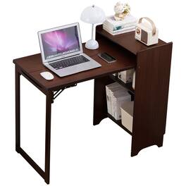 Glintex - Bamboo Folding Computer Desk with Hidden Storage Built-in Socket, Foldable Office Desk for Home and Bedroom Use - Walnut