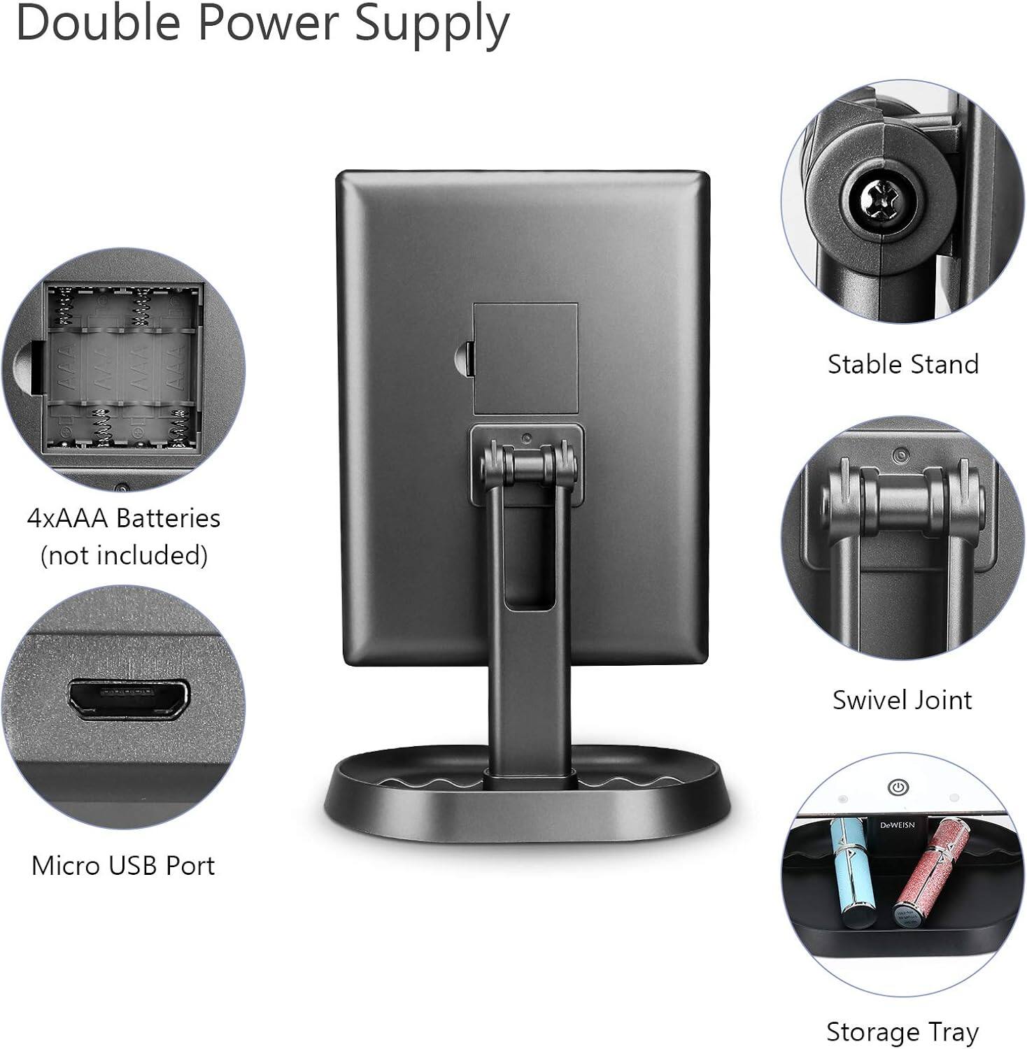 Double Power Supply

- 4xAAA Batteries (not included)
- Micro USB Port
- Stable Stand
- Swivel Joint
- Storage Tray