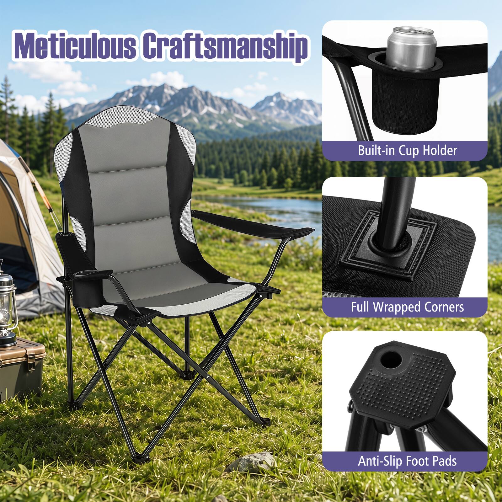 Meticulous Craftsmanship  
Built-in Cup Holder  
Full Wrapped Corners  
Anti-Slip Foot Pads