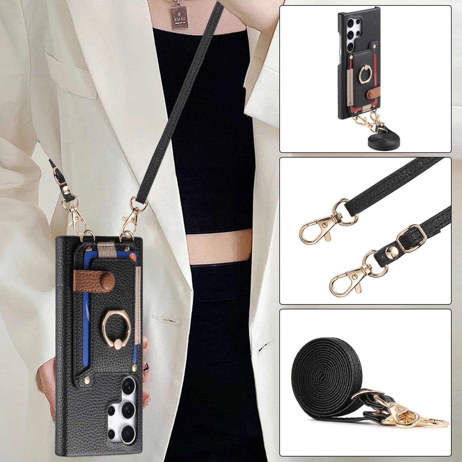 Alt View 5. Dteck - Lychee Texture Wallet Case for Samsung Galaxy S25 Ultra with Ring Stand,Crossbody Faux Leather Cover with Card Holder - Black.